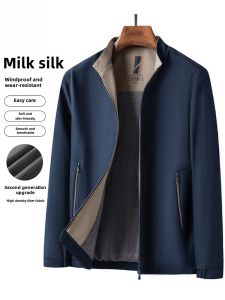 Lormen Mens Casual Silk Jacket Coat Anti-Wrinkle Windproof Stand Collar Fashionable Polyester Spring Autumn Outerwear