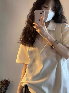 White Polo Neck Short Sleeve T-Shirt Womens Loose Casual Simple College Style Turn Collar INS Summer New Style Korean Version