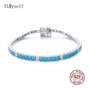 YLMyself 925 Sterling Silver Tennis Bracelet – 3mm Turquoise & White Cubic Zircon 16/17/18cm Fine Jewelry Gift for Women
