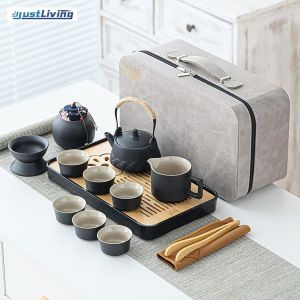 JustLiving Japanese Tea Set Chinese Tea Set Tea Sets for Adults Gongfu Tea Set Portable Ceramic Tea Set 12-Piece Porcelain Tea Set Withgrey Leather Case Asian Tea Set for Home Outdoor Business