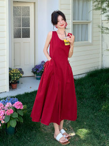 Romantic Red French Style Vest Dress Womens Summer New Irregular Sweet Anti-aging Vest Dress Light Maturity Style Long Skirt