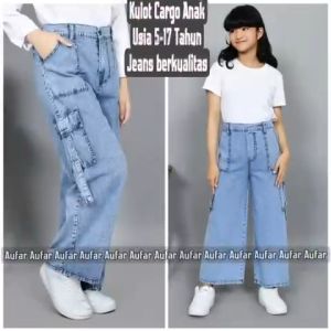 CELANA KULOT JEANS CARGO ANAK PEREMPUAN SAKU SAMPING USIA 5-17 TAHUN