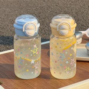 RA Star Print Glass Water Bottle Leakproof Flip Top Lid Portable Cute Cup for Students Use AR