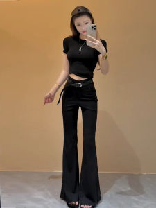 Cool Girl Short Sleeve Slim Fit T-Shirt And Pants Set for Women High Waist Cotton Long Pants Summer Fashion Two Piece Set