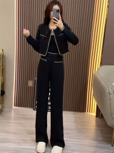 French Style Slimming Wide Leg Pants Two Piece Set Spring Autumn New Tea System Womens Fashion Outerwear And Pants Ensemble