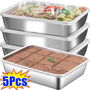 5pcs Stainless Steel Food Storage Container with Lid 304 Stainless Steel Tray Food Storage Box Household Refrigerator Crisper Stackable Frozen Fresh Keeping Case