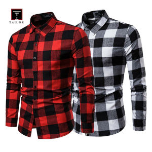 TAILOR Mens Autumn Korean Style Trendy Mens Long-sleeved Plaid Shirt