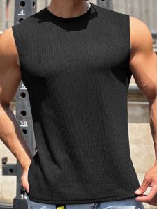 Mens Muscle Fitness Sports Vest Sleeveless round Neck Running Basketball Quick Dry Breathable Polyester Solid Color T-Shirt