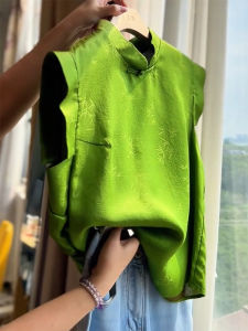 QINGNAER | Traditional Chinese Floral Green Mandarin Collar Sleeveless Blouse