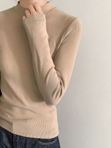 Fashionable Ribbed Double-Sided Velvet Thickened Long Sleeve Fleece Lined Slim Fit Base Shirt Womens Small Stand Collar T-shirt