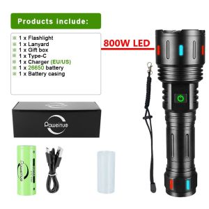 1000000LM Most Powerful Led Flashlight Rechargeable 800W LED Flashlights High Power Zoom Torch Long Range 3000m Tactical Lantren