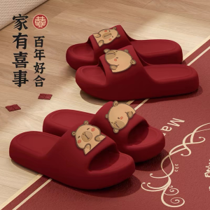 Wedding Couple Bathroom Slippers Anti-Slip Odor-Resistant EVA Home Comfortable Couples Slippers Festive Red Womens Sandals