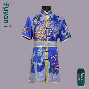 Custom Made Wushu Competition Suit Long Fist Embroidered Fish Dragon Sequins Blue