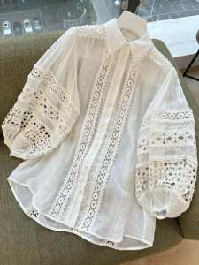 Stunning Embroidered Hollow out Lantern Sleeve Linen Shirt Heavy Duty Fashionable Commute Short Sleeve Regular Length Pure Color