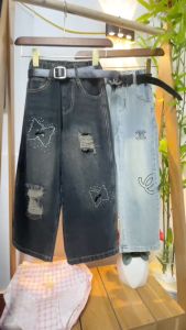 Quần jean bé gái ống sớ 6-12 tuổi đính đá và thêu logo vải co giãn dáng thời trang