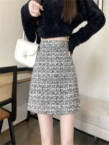 พลัสไซส์ สีชมพู ผ้าทวีด มินิ กระโปรง สูง เอว พรางหุ่น พันรอบ ฤดูใบไม้ร่วง ฤดูหนาว สไตล์ใหม่ เวอร์ชั่นเกาหลี กลิ่นหอมเล็ก สไตล์