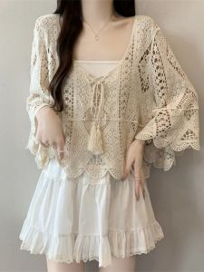 Yingqinyue | Sleeve Seven Collar V Sun Protection Knitted Blouse Short Sleeve Holiday Style
