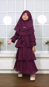 Gamis Babydoll Anak Perempuan Muslim Ceruty Lengan Panjang Motif Polos Warna Burgundy/Blue/Brown