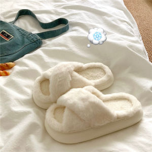 Dép Xỏ Ngón Sang Trọng Ấm Áp Nữ Đơn Giản Dép Một Dây Đeo Cotton Vải Bông Dép INS Mùa Đông Nâng Cao Đáy Dày Lông Cừu Ấm Áp Dép Ngoài Trời