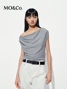 MO&Co. | Stretch Tencel Acetate Crinkled Drapey Asymmetric Shoulder T-Shirt
