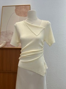 French Elegant Short Sleeve Knitted Top Women Spring Summer Slim Fit Base Shirt Unique Exquisite Uneven Korean Style Commute