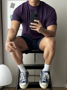 Grape Purple Mens T-Shirt Summer Long Staple Cotton Short Sleeve Heavyweight Ribbed Collar Half Sleeve Casual Loose Fit Breathable