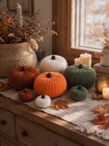 Handmade Knitted Pumpkin Decor Set Rustic Farmhouse Table Ornaments Autumn Harvest Thanksgiving Halloween Home Fireplace Decor
