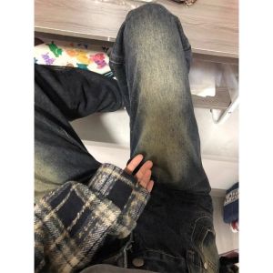 American Hiphop Retro Blue Jeans Mens High Street Vibe Slim Straight Leg Micro Flare Long Pants Wear Resistant Casual Jeans