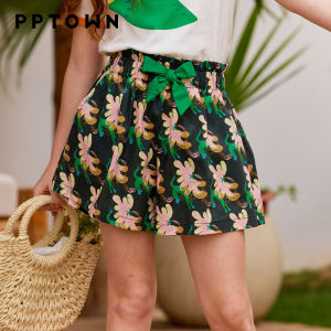PPTOWN | Summer New Cotton Girls Shorts Black Colored Contrast Princess Style Elastic Waist Bow Flower Decorated Five-Part Pants