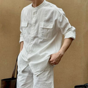 Áo sơ mi nam chất vải ĐŨI tay dài cổ tàu form rộng 2 TÚI VNO122