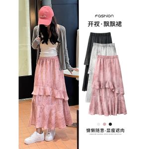 กระโปรงยาวผูกปมเอวสูงสำหรับผู้หญิง ฤดูร้อน 2025 กระโปรงทรงเอไม่สมมาตร กระโปรงยาวทรงหลวมสบายๆ สไตล์ลำลอง