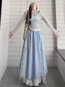PEIZIXUAN | Short-Figure Blue Check Irregular A-Line Skirt with White Lace