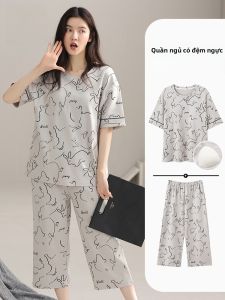 MiiOW | Bộ đồ ngủ cotton nguyên chất mùa hè cho nữ có đệm ngực Bộ đồ ngủ cotton dài tay quần short mặc ở nhà thoải mái thoáng khí