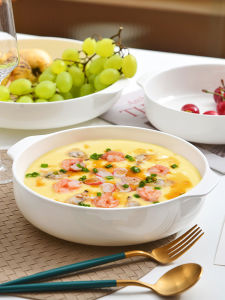 Bone China Double Ear Soup Bowl Ceramic Steamed Egg Special Bowl Air Fryer Roasting Dish Deep Plate Circular Shape Chinese Style