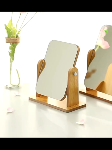 LANGMANNI Wooden Tabletop Makeup Mirror Vanity Table Stand Mirror Swivel Bamboo Mirror for Bedroom Bathroom Mirror rotatable Wooden Cosmetic Mirror