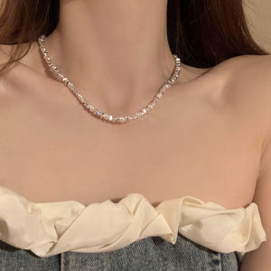 Zasafran Two Pieces of Broken Silver ~ Small Pieces of Silver Pearl Necklace for Women Trendy Accessible Luxury Necklace Niche Style Fancy Clavicle Chain