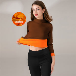Autumn Winter Womens Long Sleeve T-Shirt Thickened Fleece Half High Collar Base Shirt Casual Style Pure Color Slim Fit Top
