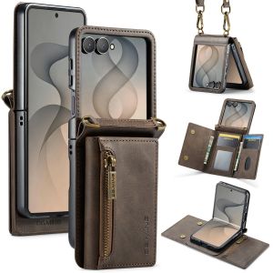 szhaiyu | Luxury Lanyard Leather Zipper Wallet Card Solt Case For Samsung Galaxy Z Flip 8 7 6 5 4 3 7FE Flip Kickstand Crossbody Cover