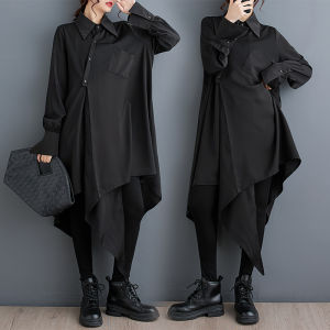 ชุดเดรสแขนยาวทรงหลวมสไตล์ลำลองสำหรับผู้หญิงไซส์ใหญ่ ฤดูใบไม้ผลิ 2025 ชุดเดรสยาวปานกลางทรงหลวมสไตล์ลำลองแบบไม่สมมาตร