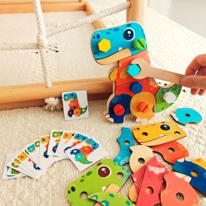 Dinosaur Screw Puzzle Toy - Wooden & Metal Screw Assembly Game 3 Colorful Dinosaur Sets STEM Educational Toy for Kids Hand-Eye Coordination & Fine Motor Skills Training Gift for Boys & Girls