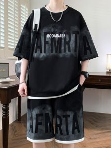 American High Street Short-Sleeved T-shirt Mens Shorts Casual Suit Mens Summer Teenagers Fake Two-Piece Wear Matching a Set