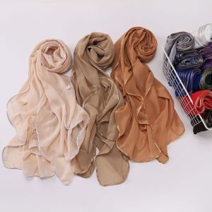 Jifang Silver/Gold Binding Plain Bubble Chiffon Shawl Long Pashmina Head Scarf Muslim Hijabs Shawls WC116