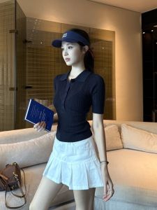 VKSOD | American Style Womens Black Hollow Polo Neck Short Sleeve T-Shirt Summer Fashion White Mini Skirt Two-Piece Set Hollow Out Design