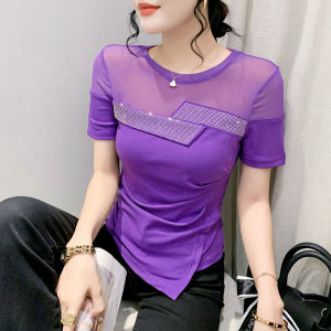 YIMEI Black Womens Top 2023 Summer New Fashion Short Sleeve Round Neck Irregular Womens T-shirt Womens Temperament Design Sense Hot Diamond T Shirt