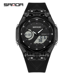 SANDA Top New 6283 Dual Display Multifunctional Student Electronic Watch Alarm Clock Night Light Waterproof Sports Student Watch