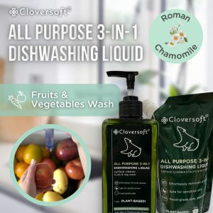CLOVERSOFT All Purpose 3-in-1 Dishwashing Liquid | Peppermint Sage Lime | Roman Chamomile