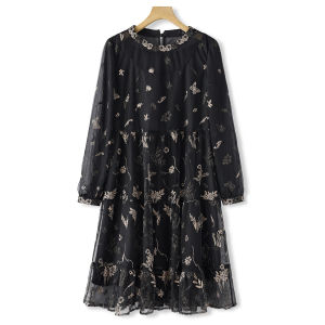 Heavy Embroidery A-Line round Neck Dress Mesh Curtain Effect Autumn Collection by West Lake Elderly Fashionable Womens Dress