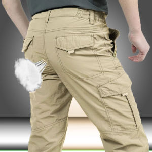 Mens Casual Cargo Trousers Outdoor Sports Pants Multi Pockets Elastic Tactical Pant Waterproof Men Clothing Thin Style