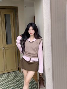 Korean Sweet Style Knitted Vest Top Striped Shirt Half Skirt Three-piece Set College Style Fashion Womens Ensemble Autumn 2024