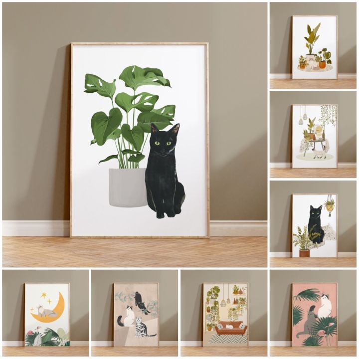 Watercolor Kittens Print Cat and Plant Poster Wall Art Leisurely Cute ...